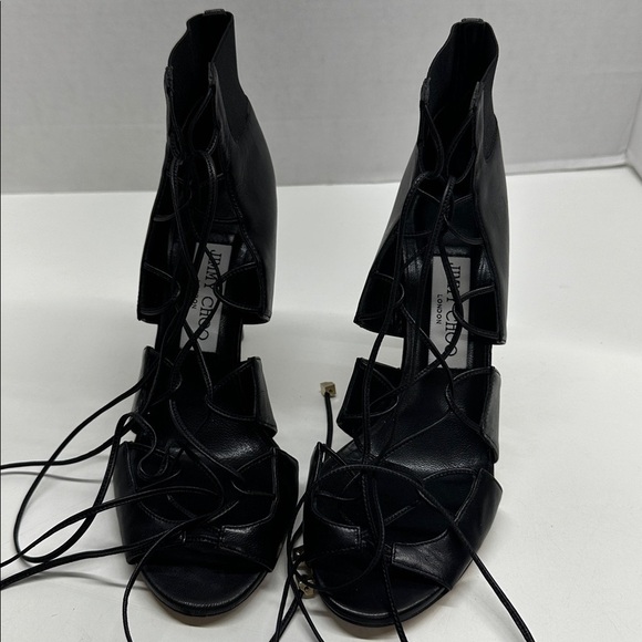 Jimmy Choo Heels Caged Lace Up Open Toe High Heeled Shoes Leather Black Size 7.5 - Picture 4 of 11